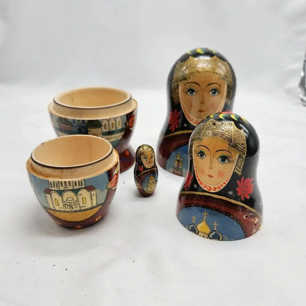 HAND PAINTED Russian Nesting Dolls Three‎ layers *DOG CHEWED